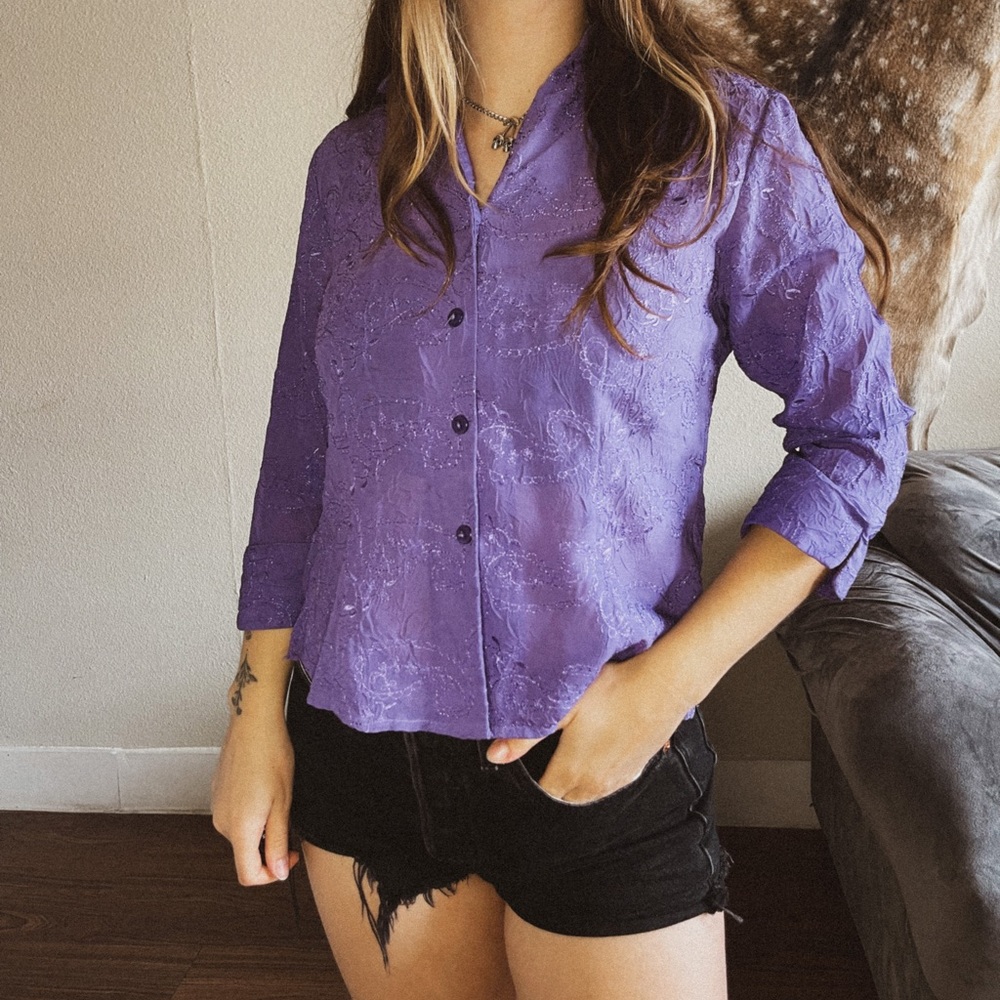 Vintage 90s Joanna Petite Purple Paisley button up blouse